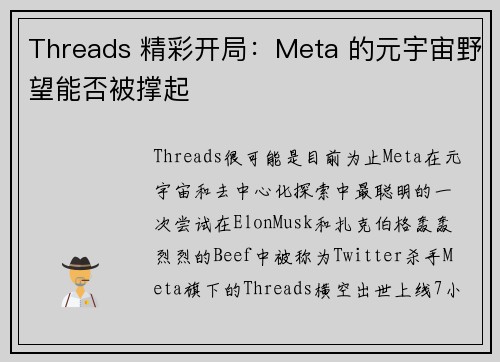 Threads 精彩开局：Meta 的元宇宙野望能否被撑起